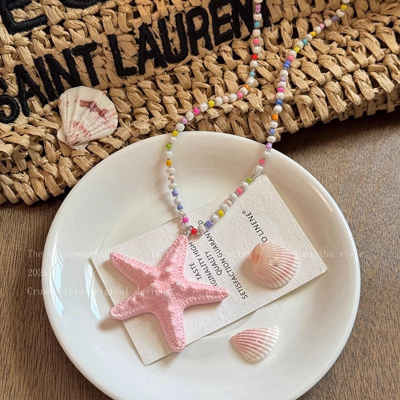 Dopamine long beaded starfish necklace women's summer beach island vacation style exaggerated yellow clavicle chain accessories