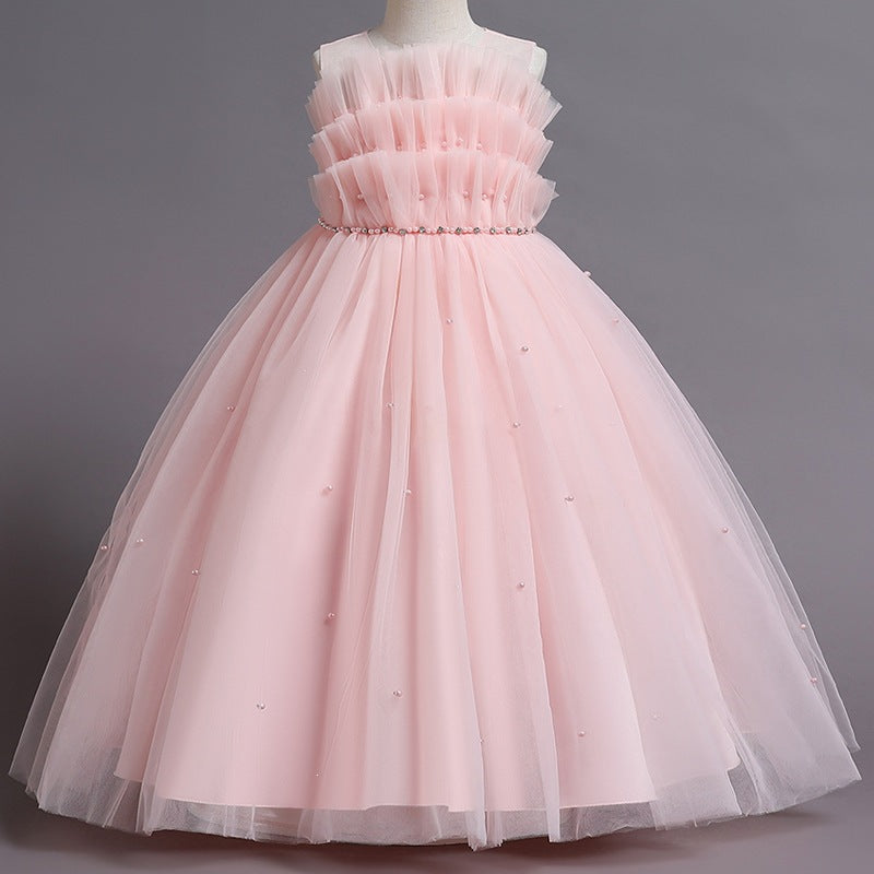 Evening dress girls' dress hostess dress princess dress mesh puffy dress summer sweet elegant one shoulder