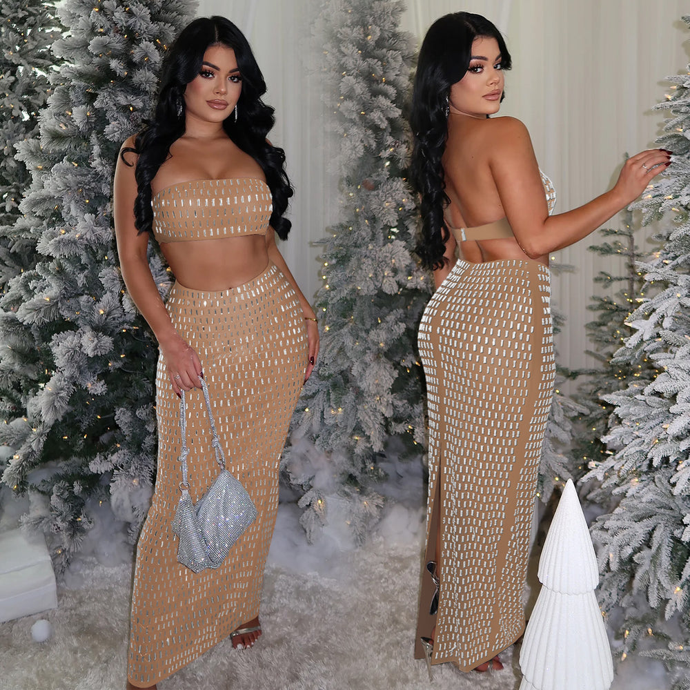 C7222 cross-border   fashion women's sexy bandeau hotfix rhinestone bodycon maxi dress two-piece set