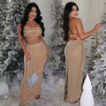 C7222 cross-border   fashion women's sexy bandeau hotfix rhinestone bodycon maxi dress two-piece set