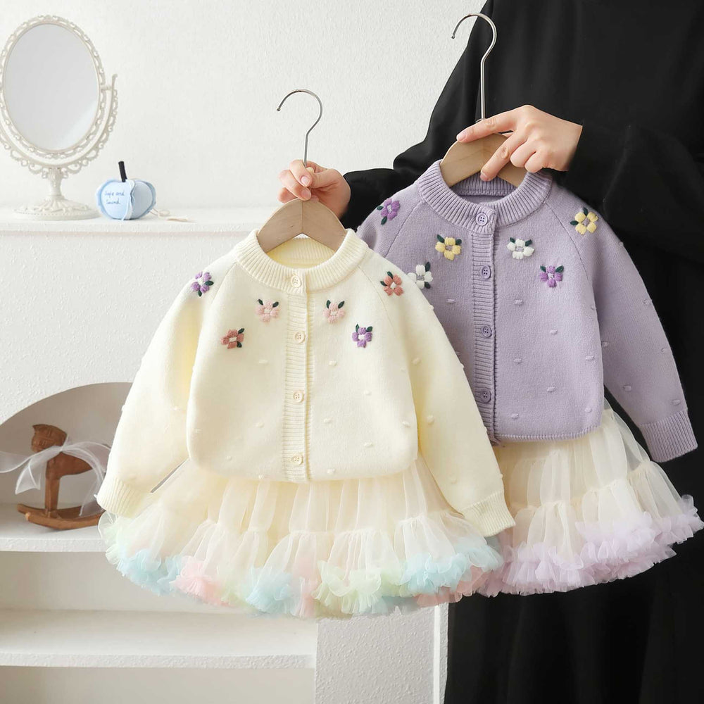 Girls' cardigan sweater princess dress two-piece set with embroidered floral tutu skirt - korean style knitted outfit for baby girls