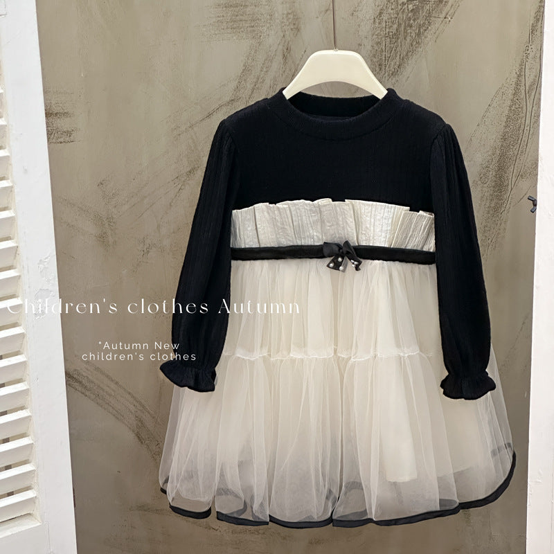 Girls' dress - new autumn  collection: elegant korean style tutu dress with bow detail, cinched waist, princess style, and tulle skirt for older girls