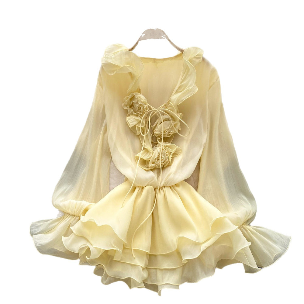 Fairy dress 2025 new arrival: atmospheric v-neck, 3d floral appliqué, tie-waist, ruffle hem chiffon dress for women