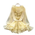 Fairy dress 2025 new arrival: atmospheric v-neck, 3d floral appliqué, tie-waist, ruffle hem chiffon dress for women