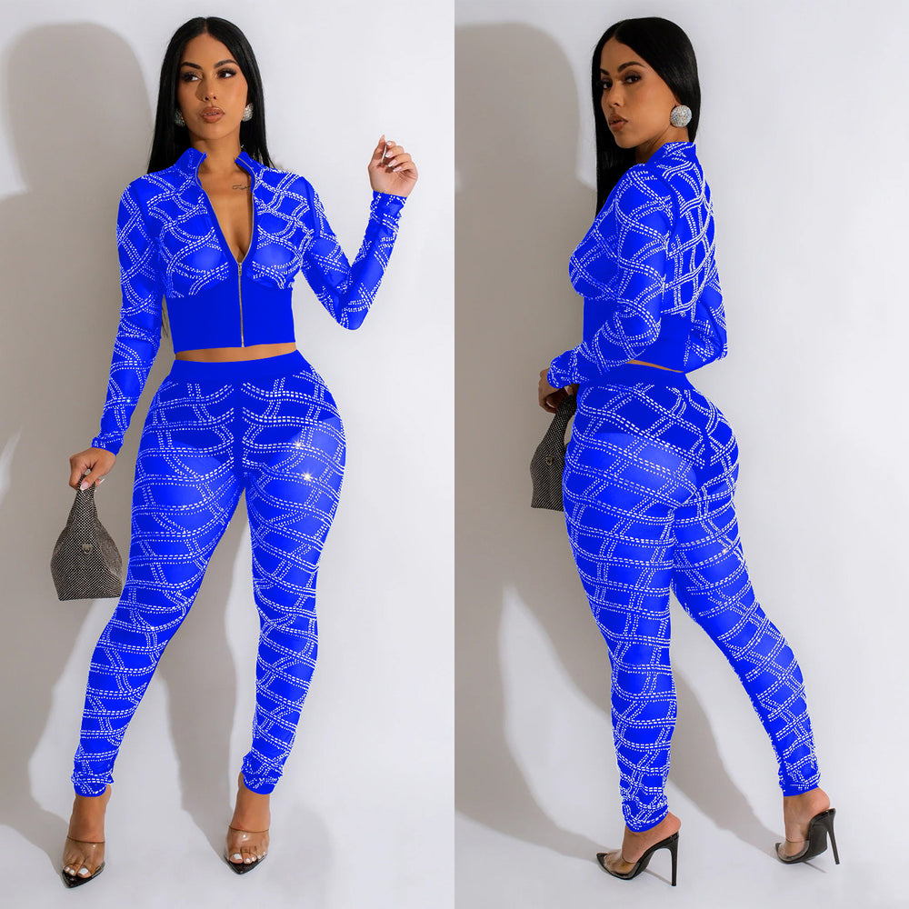 C6548 cross-border   fashion women's solid color mesh rhinestone long sleeve top and pants two-piece set