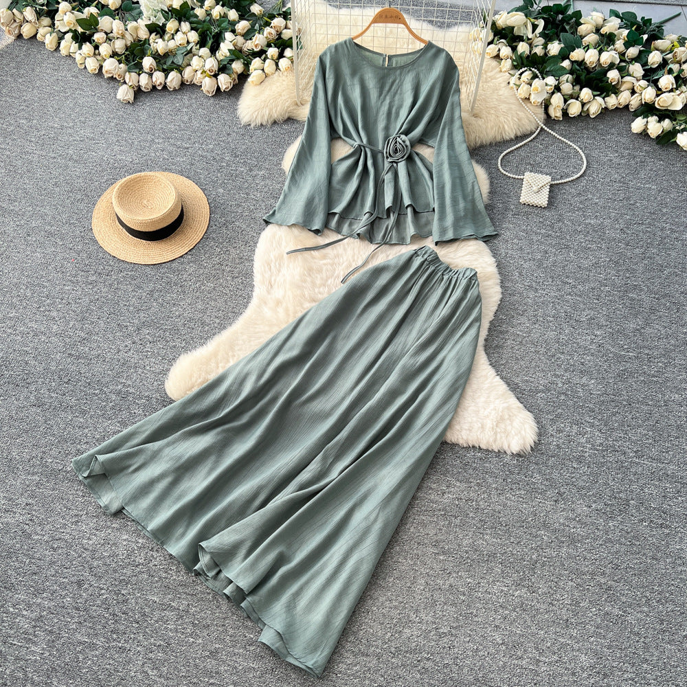 Commuting style classylong sleeves flower strap two-piece set female autum strap waist slimming lookhigh waistsuit skirt