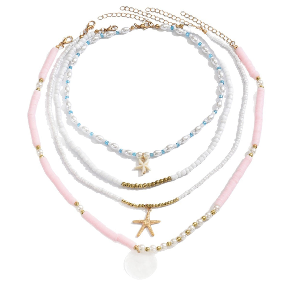European and american summer bohemian pink polymer clay pearl beaded necklace set - ocean element starfish layered necklaces
