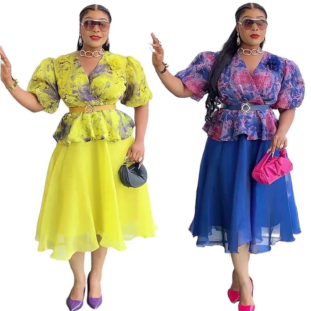 Amazon puff sleeve cardigan european and american elegant long dress african cross-border plus size women's printed dress