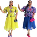Amazon puff sleeve cardigan european and american elegant long dress african cross-border plus size women's printed dress