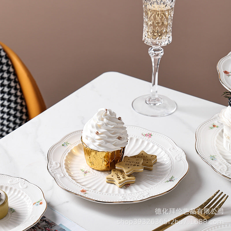 European-style floral dessert plate, three-tier fruit stand, modern display for show homes, creative embossed ceramic plate wholesale