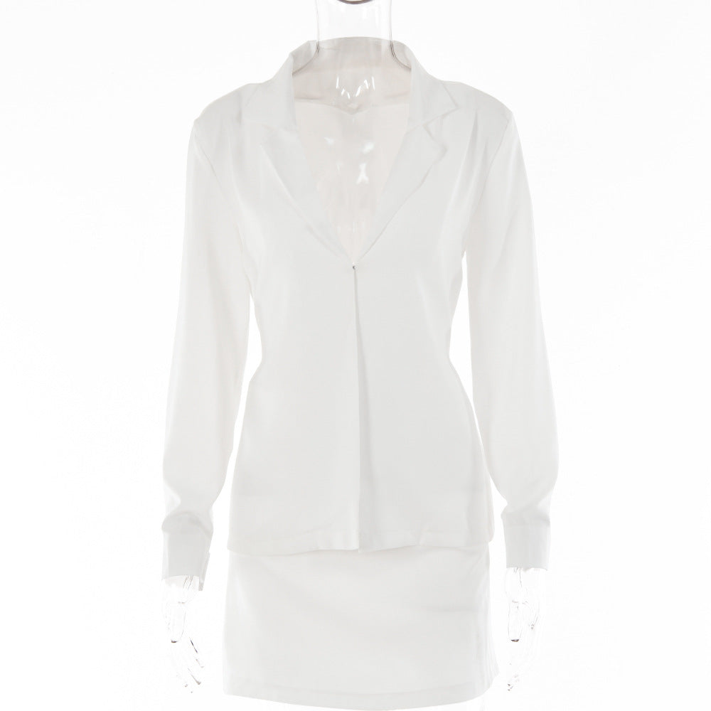 Cross-border hot-selling women's clothing summer new solid color suit sexy OL light and cooked Spice Girl cardigan button-up top high waist skirt