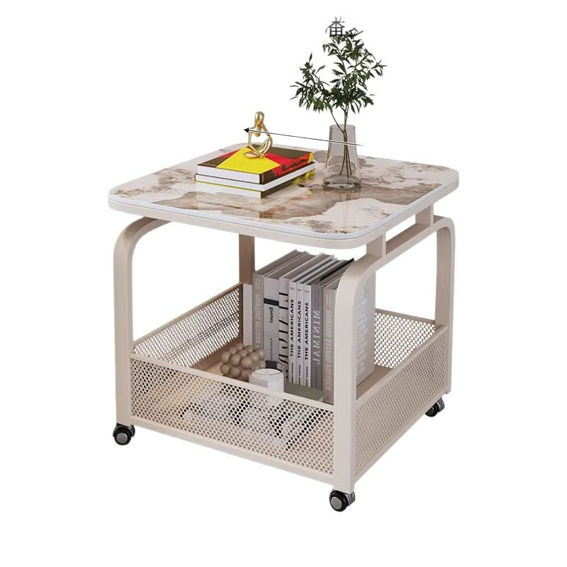 Modern minimalist mobile square rock slab coffee table - small apartment mobile cart side table coffee table square table