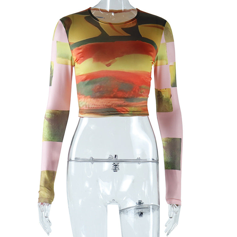 European and american style  summer export fashion tie-dye print crew neck long sleeve cropped top t-shirt - trendy women's dropshipping