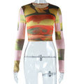 European and american style  summer export fashion tie-dye print crew neck long sleeve cropped top t-shirt - trendy women's dropshipping