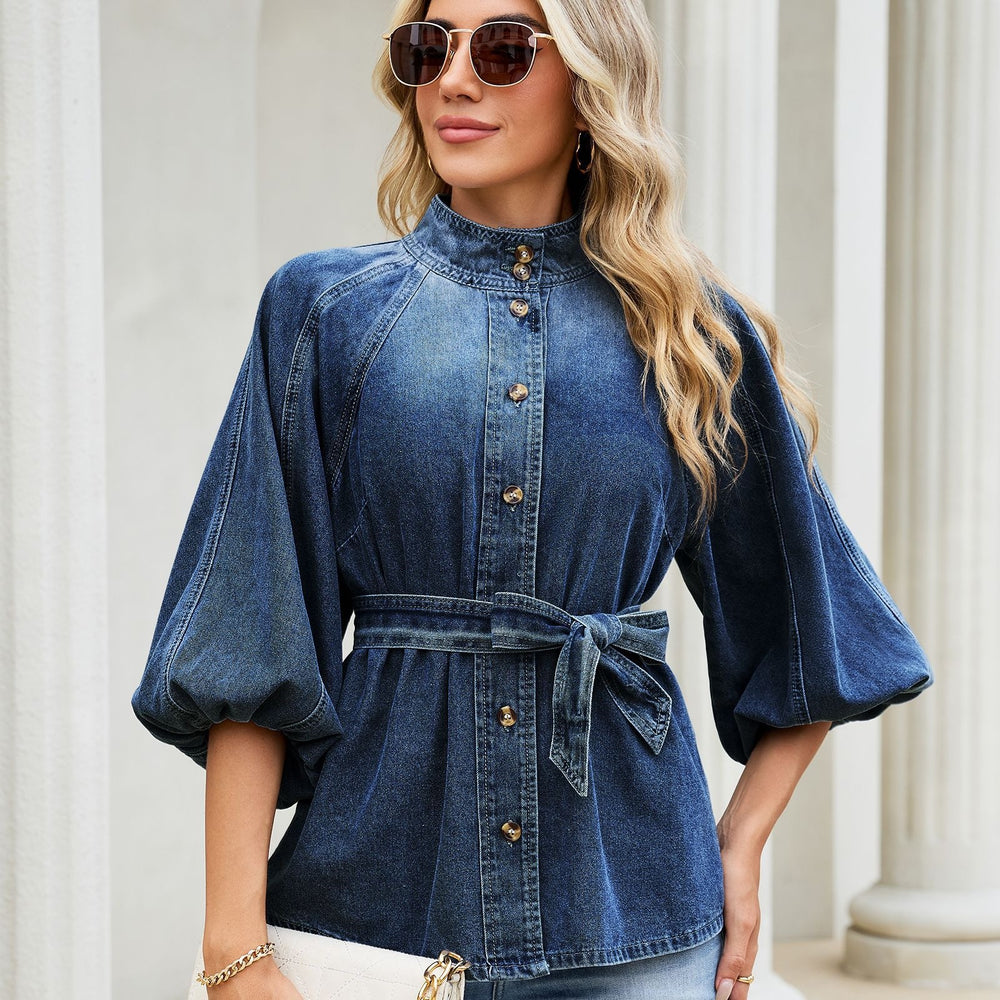 Fashion cross-border foreign trade  new stand-up collar lantern three-quarter sleeves with built-in belt waist style single-breasted top