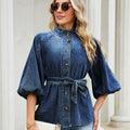 Fashion cross-border foreign trade  new stand-up collar lantern three-quarter sleeves with built-in belt waist style single-breasted top