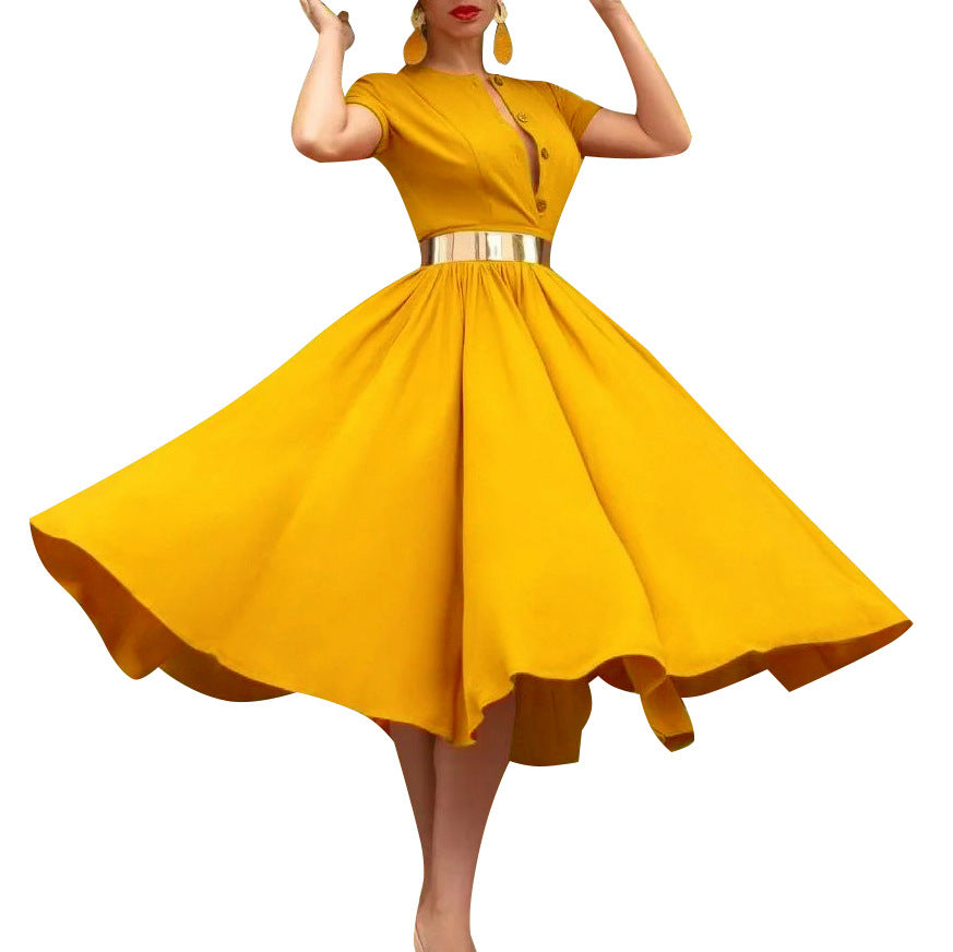 D3134 belt european and american export women's clothing  summer new short-sleeved waist slimming look large skirt cross-border dress