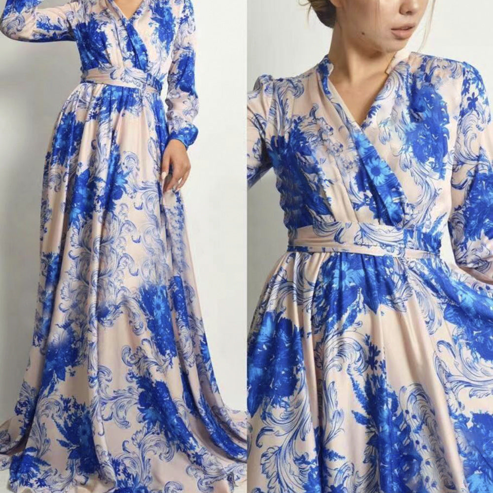 African cross-border e-commerce women's chiffon vintage print fashionable slimming versatile long sleeve maxi dress
