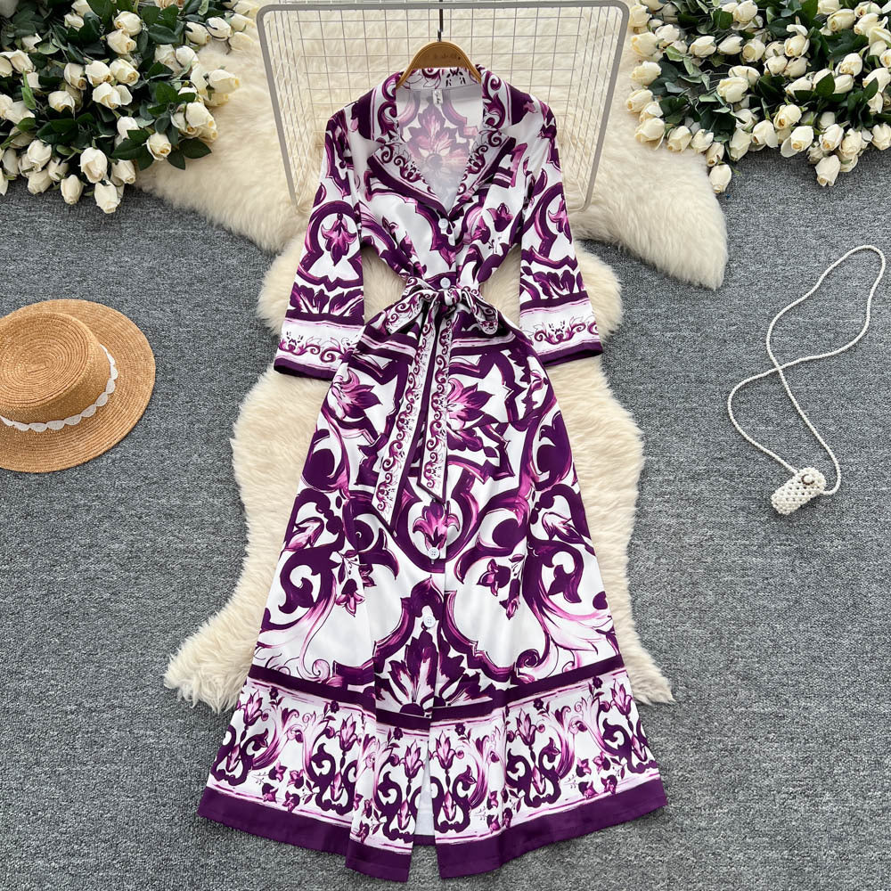 European and american retro court style chic blazer collar long sleeve tie-waist printed dress - women's french elegant maxi dress
