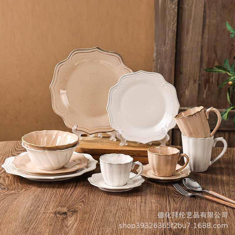 Creative retro western tableware suit restaurant for home italian stylish style grids kiln bowl plates ceramic wholesale