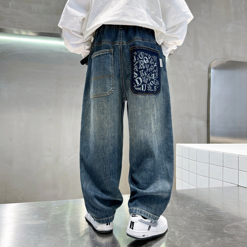 Boys' spring denim pants:  new korean style kids' jeans, spring/autumn fleece-lined, mid-to-large size children's trendy trousers