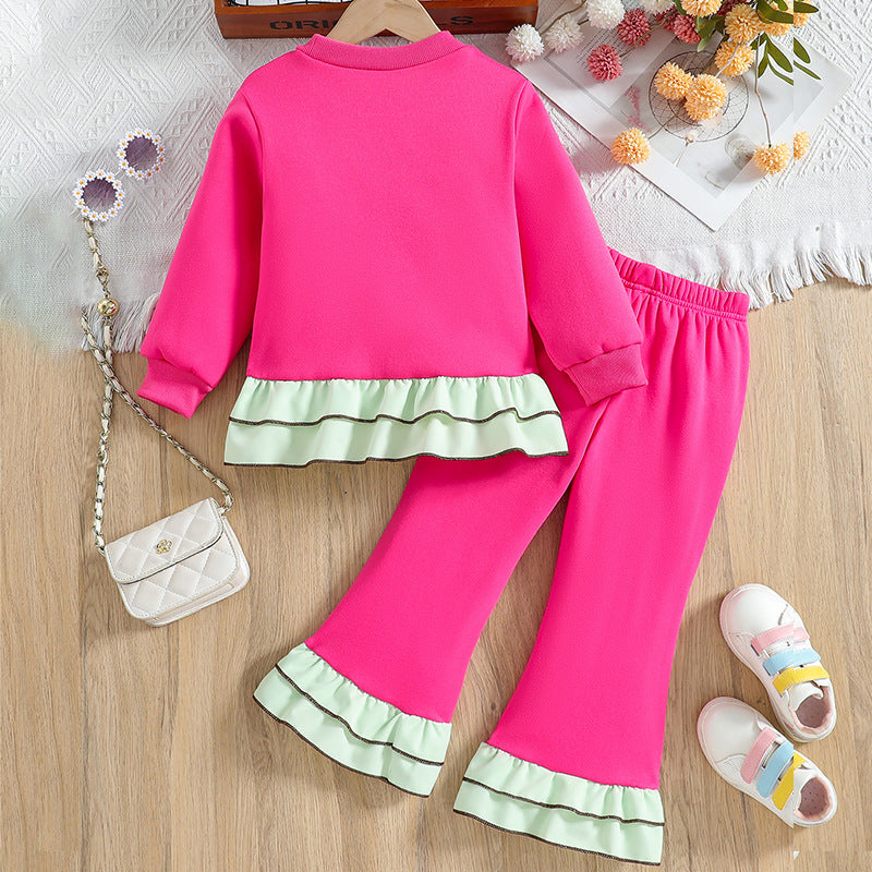 Girls' fall floral outfit: pink ruffle-trimmed pullover sweatshirt and 3d embroidered pants set