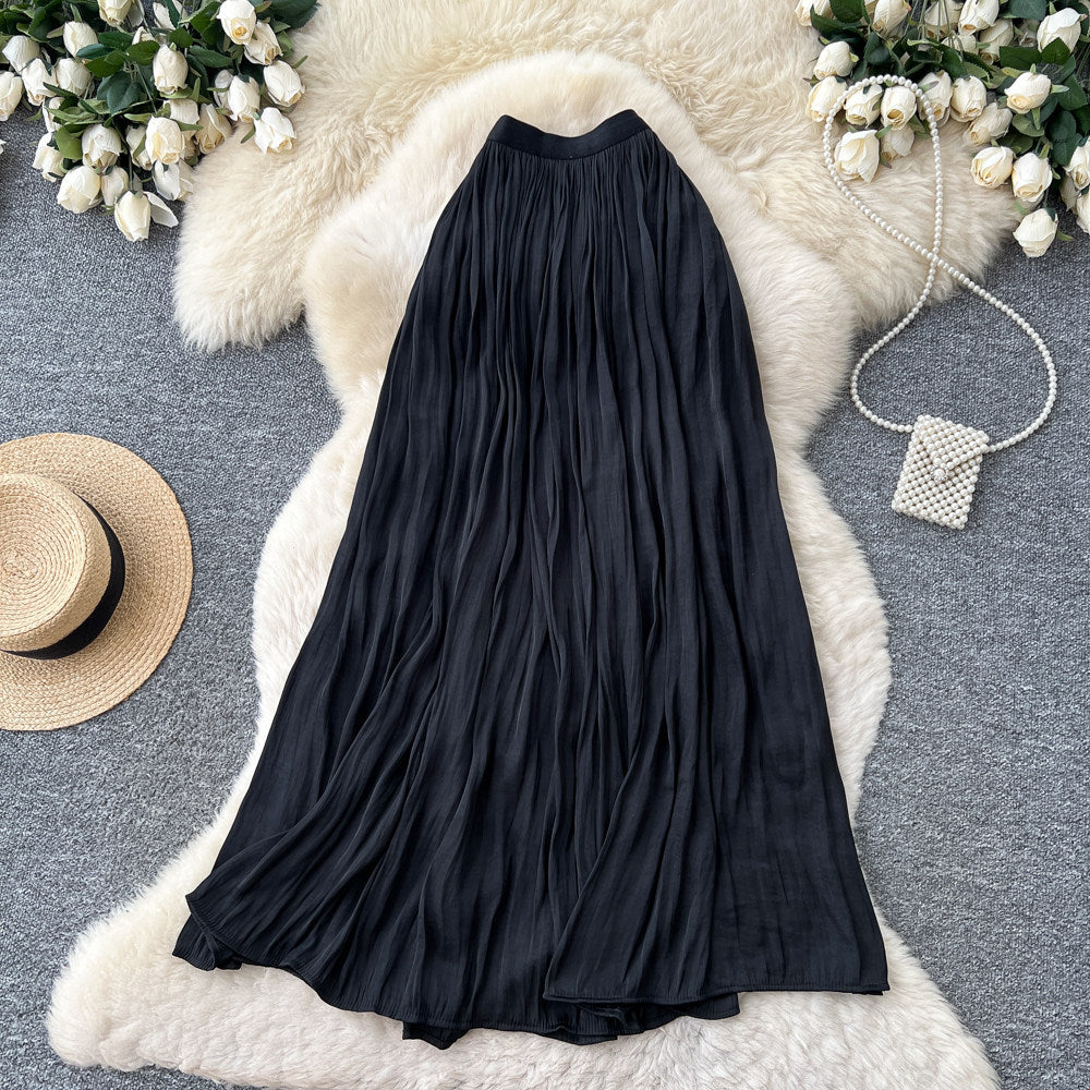 K-style high waist pleated elastic waist skirt women's summera-shaped pleated large hem work clothingelegant long skirt multi-color