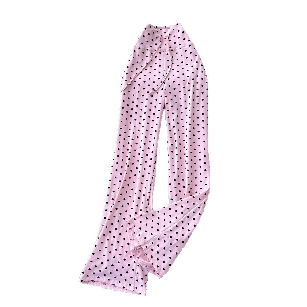 K-stylehigh waist polka dot lazy feeling strappystraight-leg pants for women  spring summer lazy styleslimming lookelegantcasual pants
