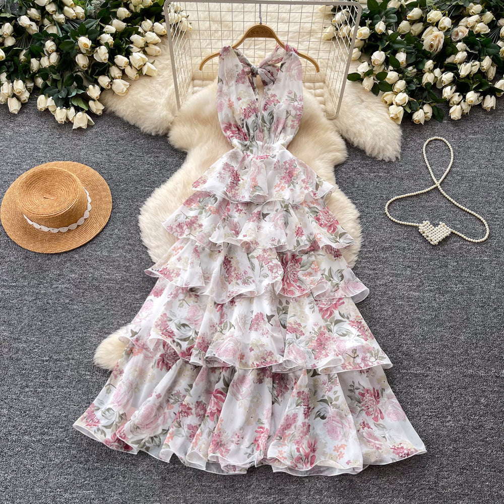Frenchromantic style v neckhalter floral dress female summer k-stylesweet sleeveless ruffles cake skirt slimming look