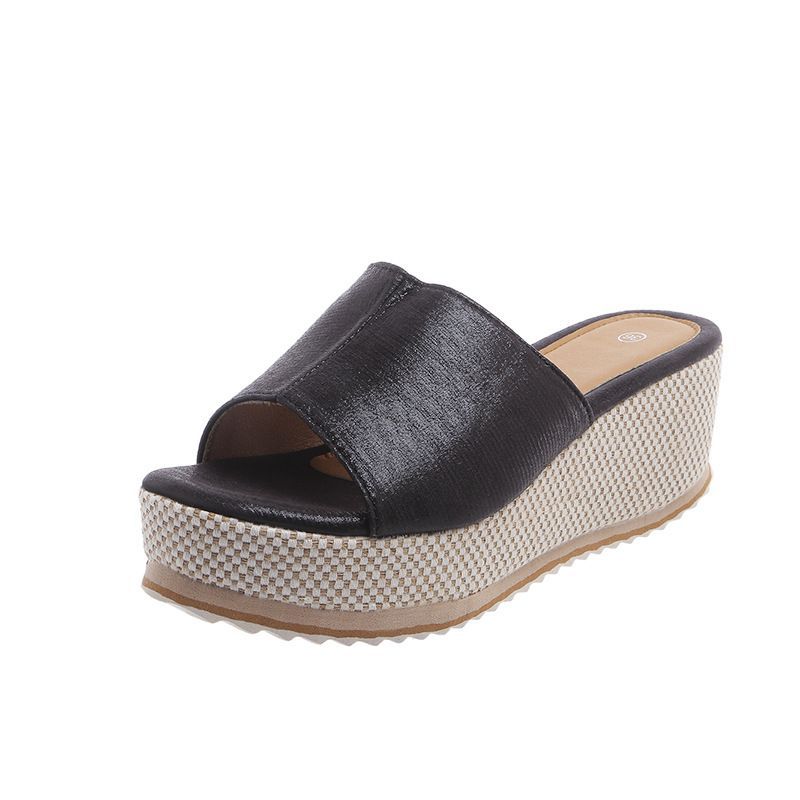 Thick sole high heel slippers for women  summer new arrivalfashion style one-shaped women's pure colorplus size wedge heel slippers