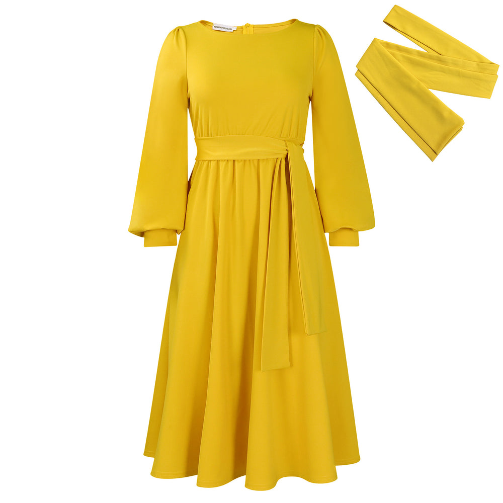 D479  cross-border women's spring  new long-sleeve crew neck tie-waist solid color a-line dress - european and american style