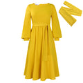 D479  cross-border women's spring  new long-sleeve crew neck tie-waist solid color a-line dress - european and american style