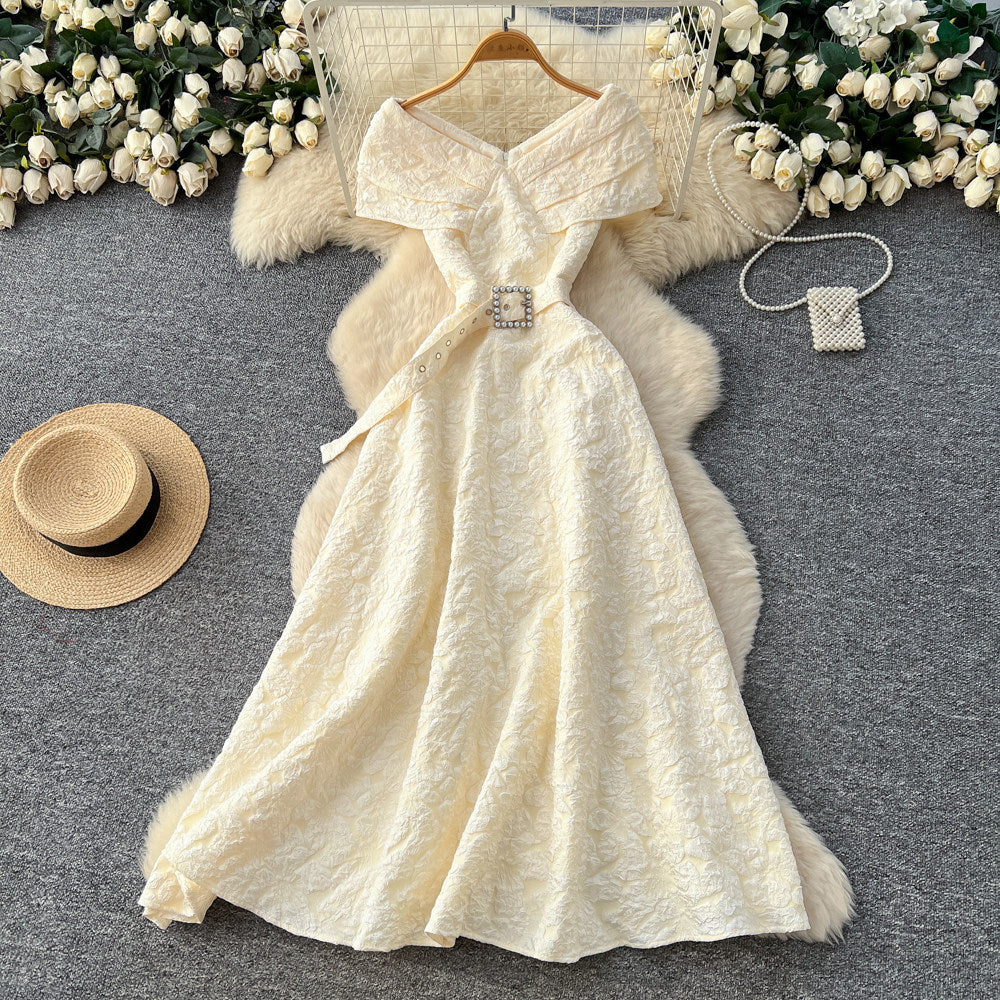 French chic blue floral dress - women's summer korean style bubble high waist slimming a-line maxi dress - elegant
