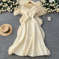 French chic blue floral dress - women's summer korean style bubble high waist slimming a-line maxi dress - elegant