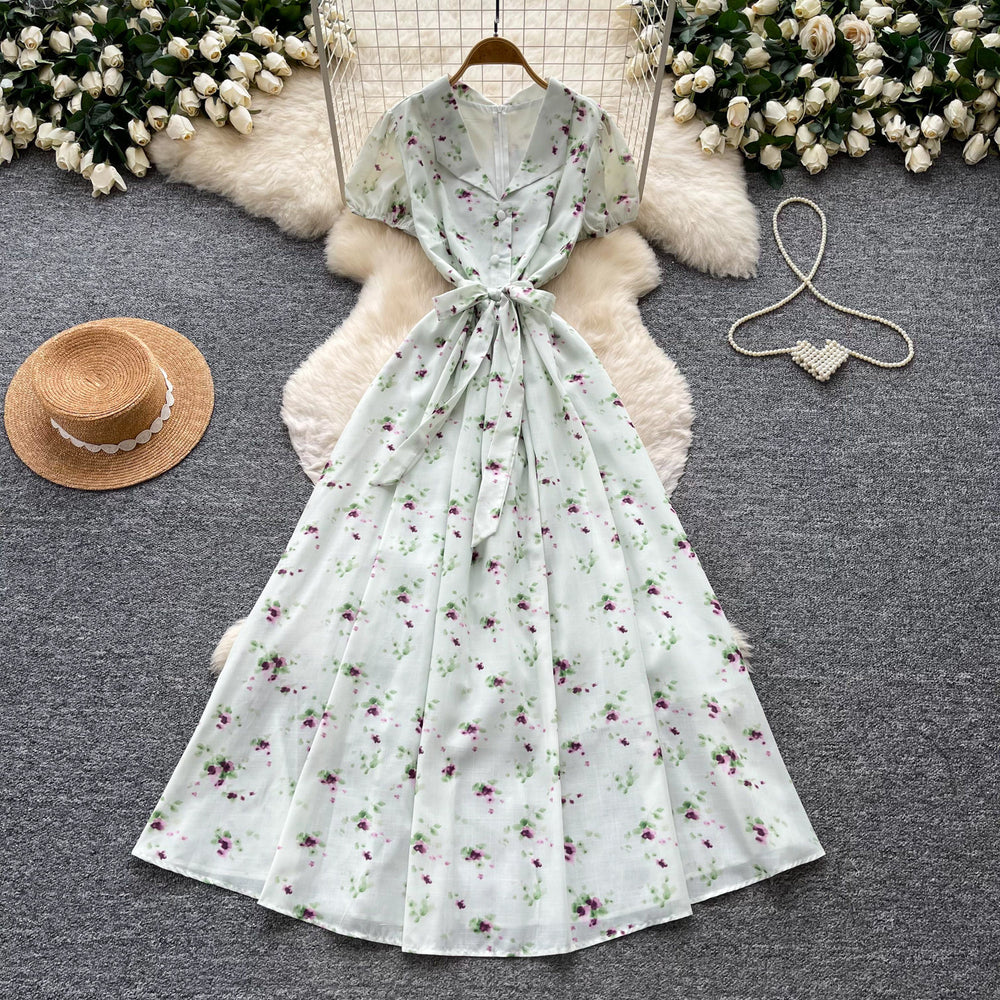 French floral v-neck ruched dress - women's summer short sleeve slim fit elegant vacation maxi dress