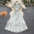 French floral v-neck ruched dress - women's summer short sleeve slim fit elegant vacation maxi dress