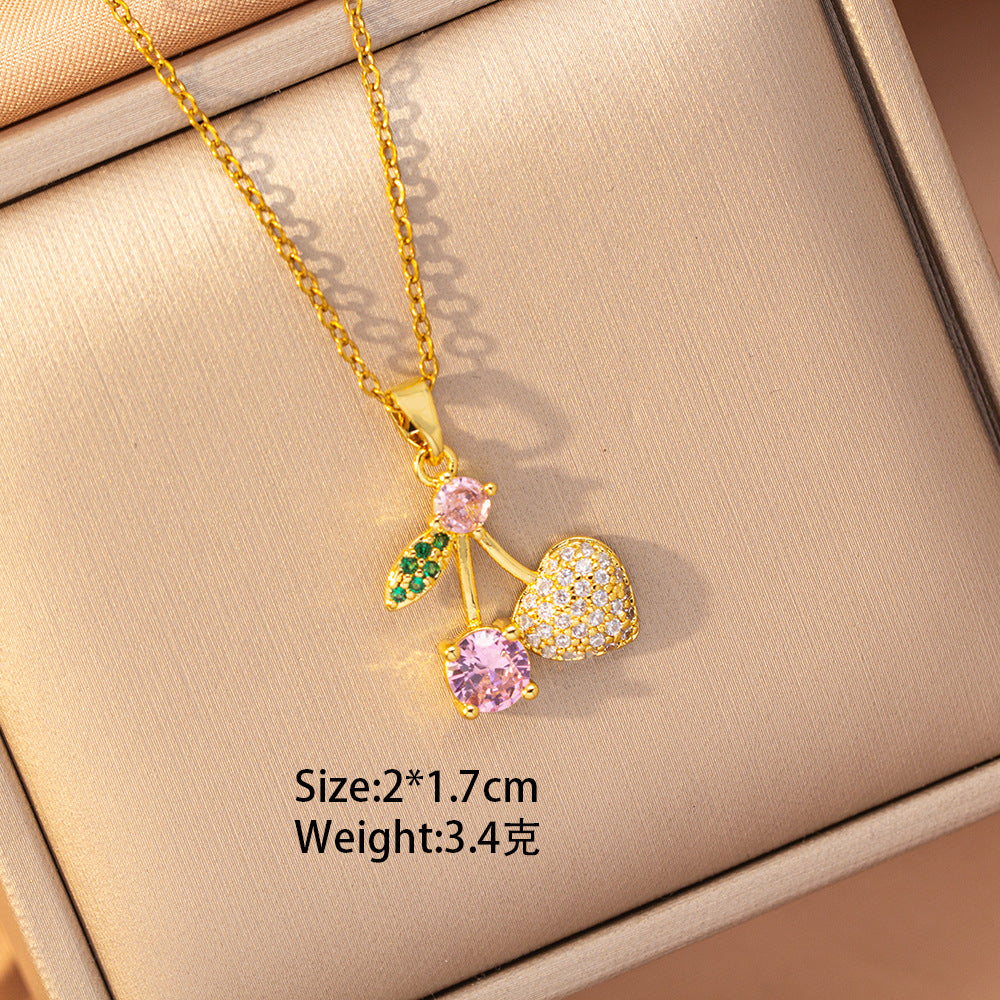 [set] sweet copper inlaid with zirconium and full diamond cherry necklace for women, earrings, versatile and elegant, high-end clavicle chain jewelry