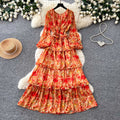 Frenchromantic style lantern sleeve floral dress female autumk-style waist slimming lookruffleselegant cake skirt