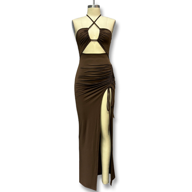 european and american women's clothing  spring new style halter neck maxi dress sexy backless slit drawstring bodycon dress