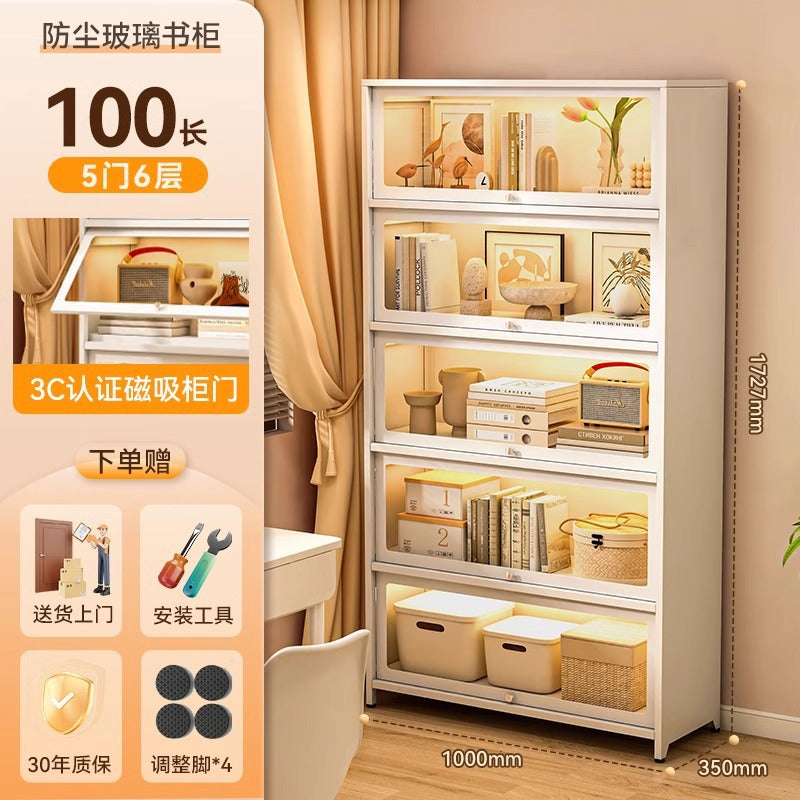 Steel bookcase with glass doors, kids' bookshelf, home living room storage cabinet, dustproof display cabinet, iron art shelf