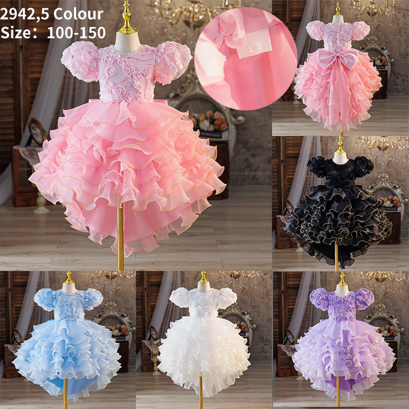 European and american style girls' bubble sleeve dress with 3d floral appliques, tiered cake skirt, and train - ready to ship