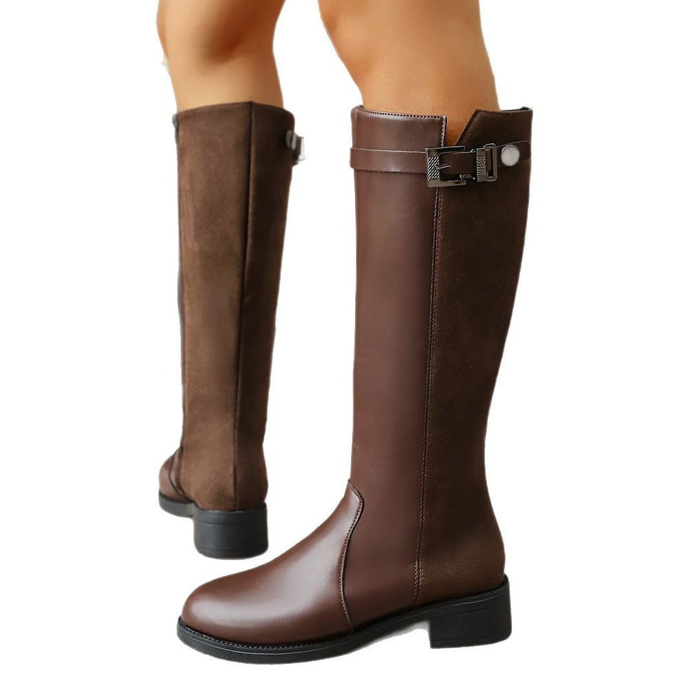 Plus size british style  autumn new side zipper high boots suede patchwork buckle low heel riding boots for women