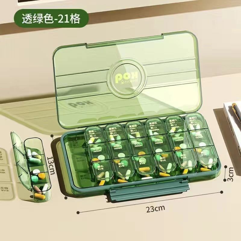 Medicine box, portable portable medicine dispensing box seven days a week, three meals a day dispenser, large-capacity tablet storage box