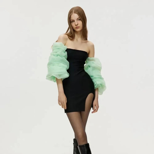 European and American French organza bubble sleeve dress short skirt birthday party bandage dress evening dress women small