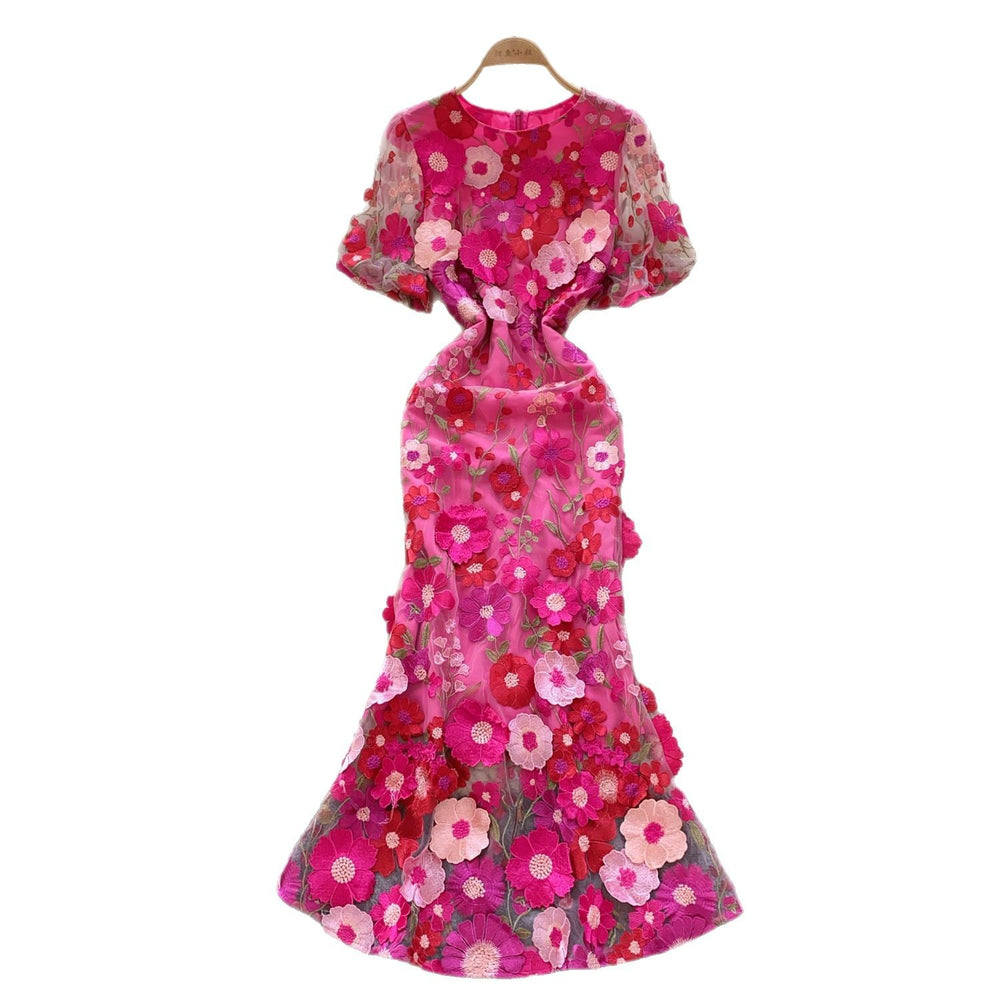 French high-end elegant heavy embroidery floral round neck lantern sleeve cinched waist slimming mermaid tail evening gown dress