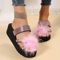 Women's summer new one-strap slippers, furry high-heeled sandals, korean style fashionable versatile rhinestone slides for outdoor wear
