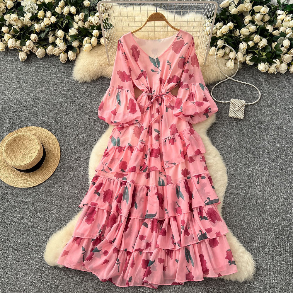 French round neck lantern sleeve drawstring waist printingdress women slimming lookeleganteleganceruffles chiffon long skirt
