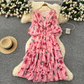 French round neck lantern sleeve drawstring waist printingdress women slimming lookeleganteleganceruffles chiffon long skirt