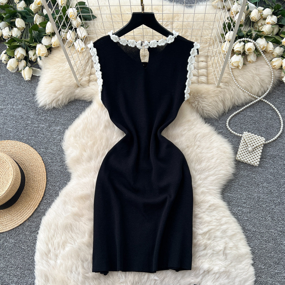 Xiaoxiangfeng pearl sleeveless blackdress women's summer waist slimming look pearl decoration qianjin style knitting skirt