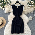 Xiaoxiangfeng pearl sleeveless blackdress women's summer waist slimming look pearl decoration qianjin style knitting skirt